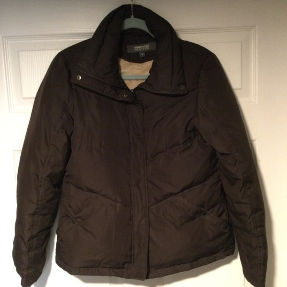 Kenneth Cole Reaction Warm Lined Brown Puffer Jacket Casual Adjustable Size Med